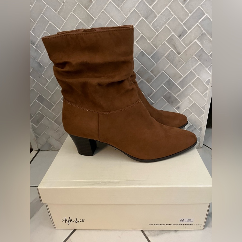 Style & Co Women’s Piviee Faux Suede ankle boot in Cognac